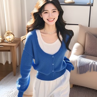韩系宽松慵懒蓝色假两件针织毛衣高级感穿搭漂亮简约风休闲小衫潮