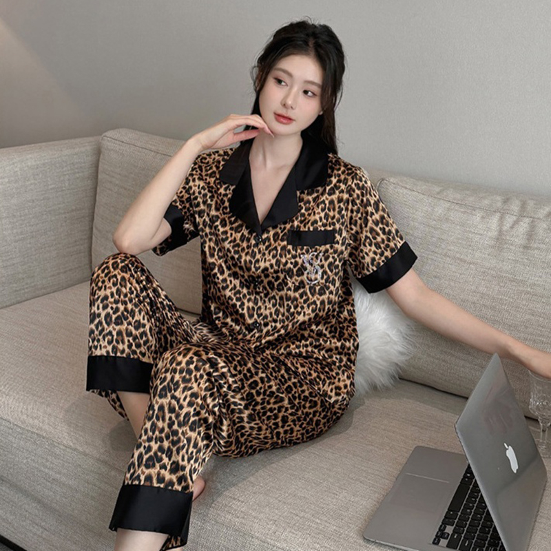 豹纹睡衣女夏冰丝绸时尚卡通网红短袖长裤套装拼色外穿薄款家居服