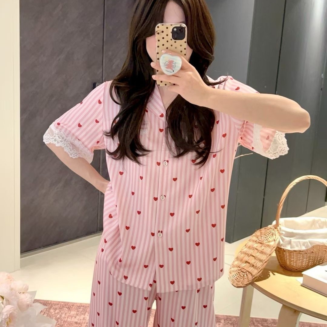 条纹睡衣女夏短袖长裤套装冰丝绸爱心蕾丝甜美少女家居服薄款外穿