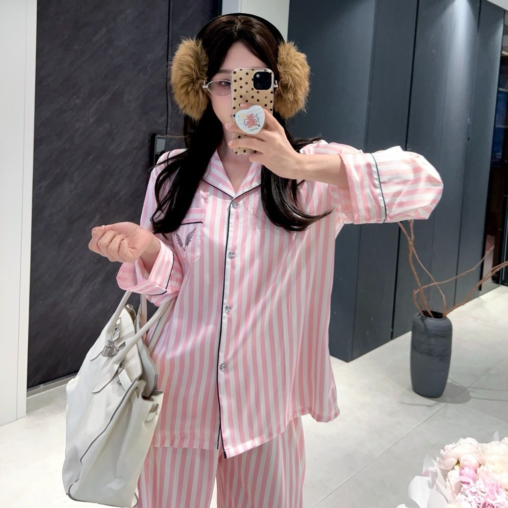 条纹睡衣春秋冰丝绸套装长袖长裤甜美少女感粉色薄款可外穿家居服
