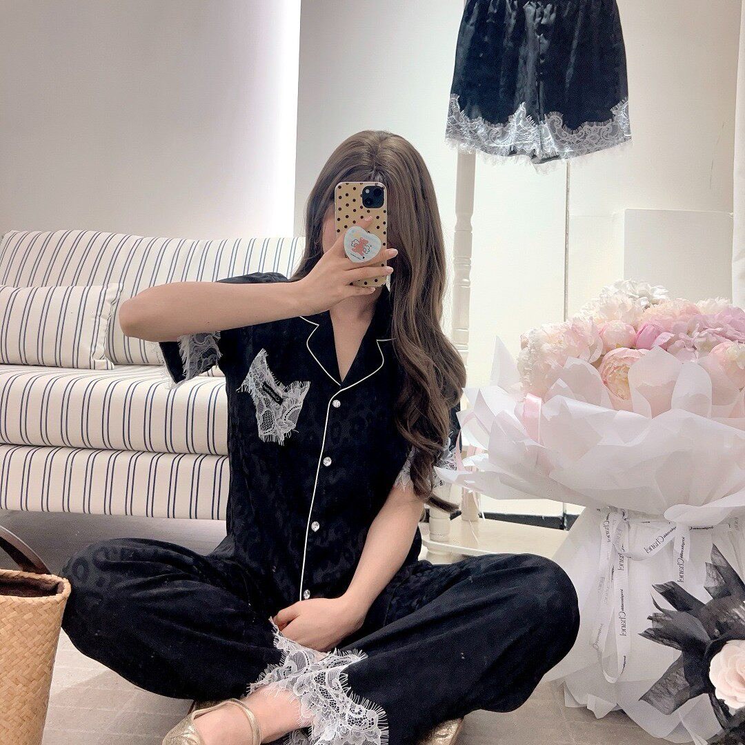 三件套睡衣女夏蕾丝花边短袖长裤法式豹纹提花家居服薄款外穿纯色