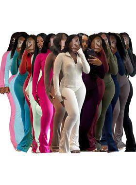 Women Zipper Crop Top and Pants Set Solid 2-Piece Tracksuit