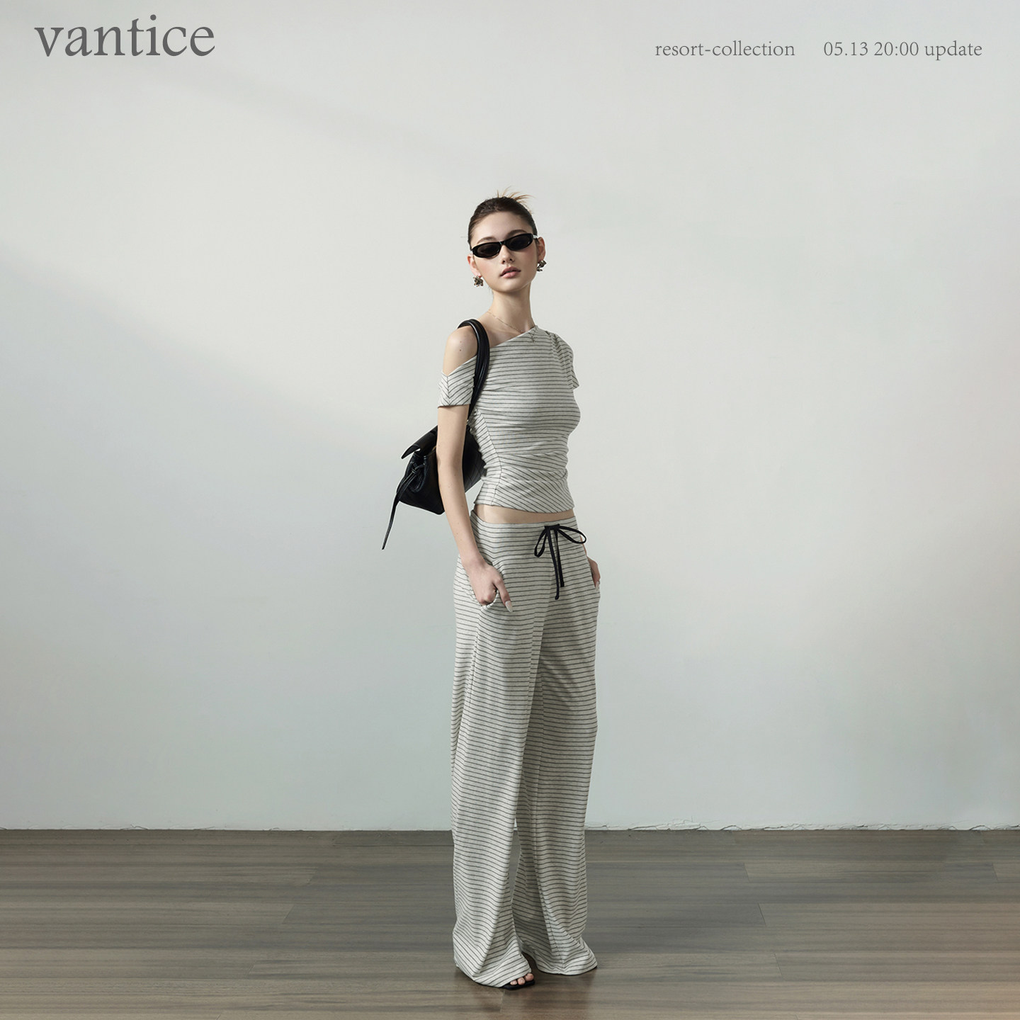 vantice 松弛休闲米白条纹斜肩上衣抽绳短裤直筒拖地长裤三件套装