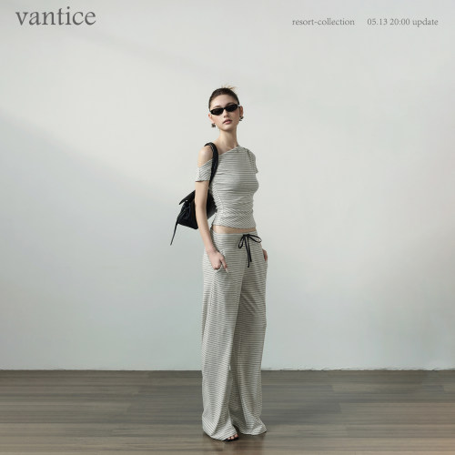 vantice 松弛休闲米白条纹斜肩上衣抽绳短裤直筒拖地长裤三件套装
