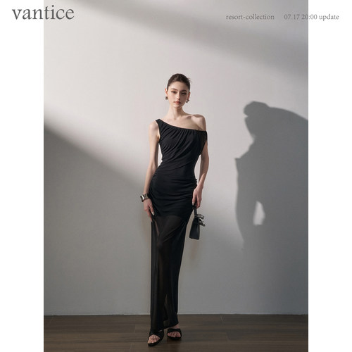 vantice 维纳斯高级感气质名媛派对晚礼服网纱褶皱露肩收腰长裙子