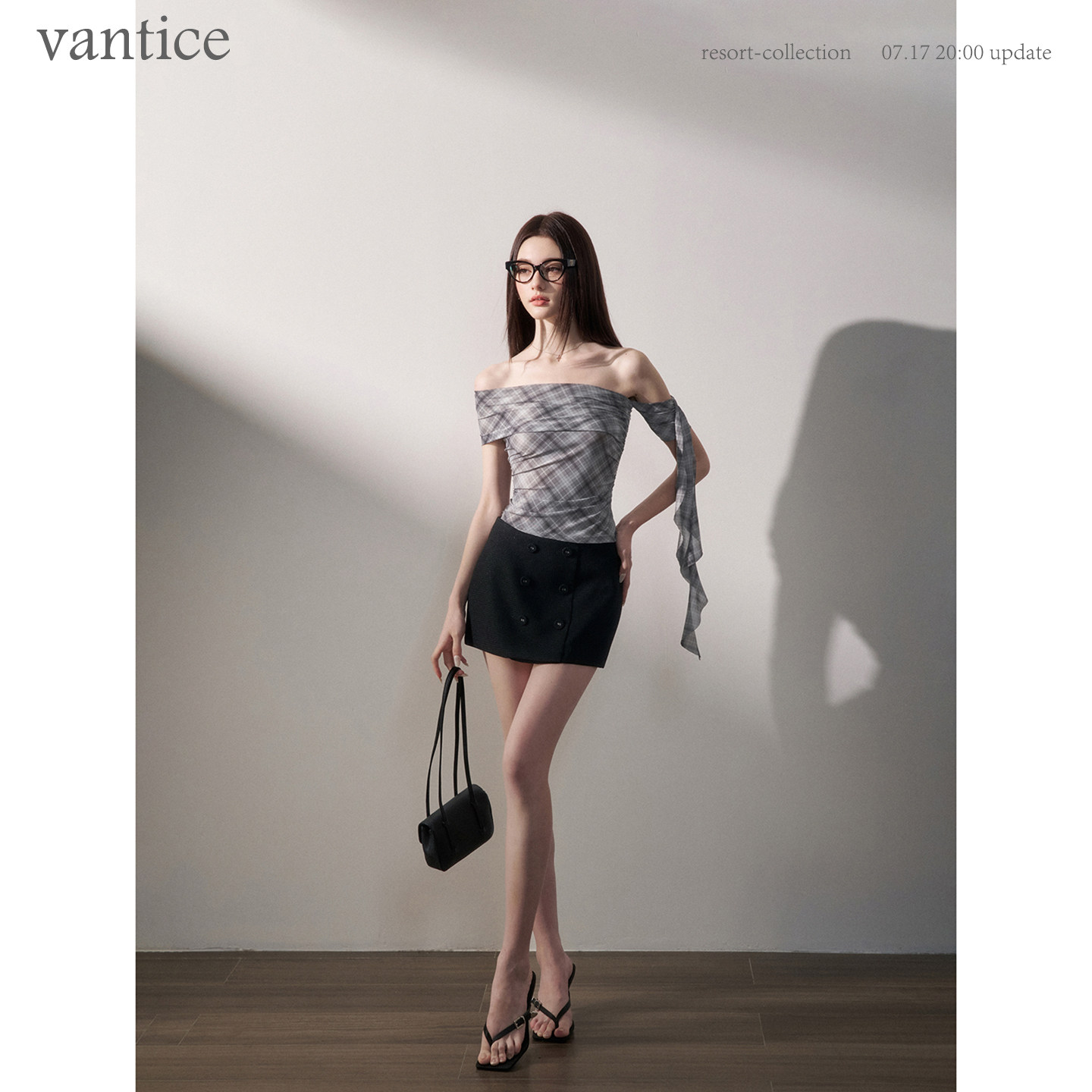 vantice 高智感气质斜肩上衣弹力格纹网纱不规则飘带外穿背心吊带