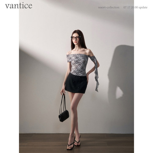 vantice 高智感气质斜肩上衣弹力格纹网纱不规则飘带外穿背心吊带