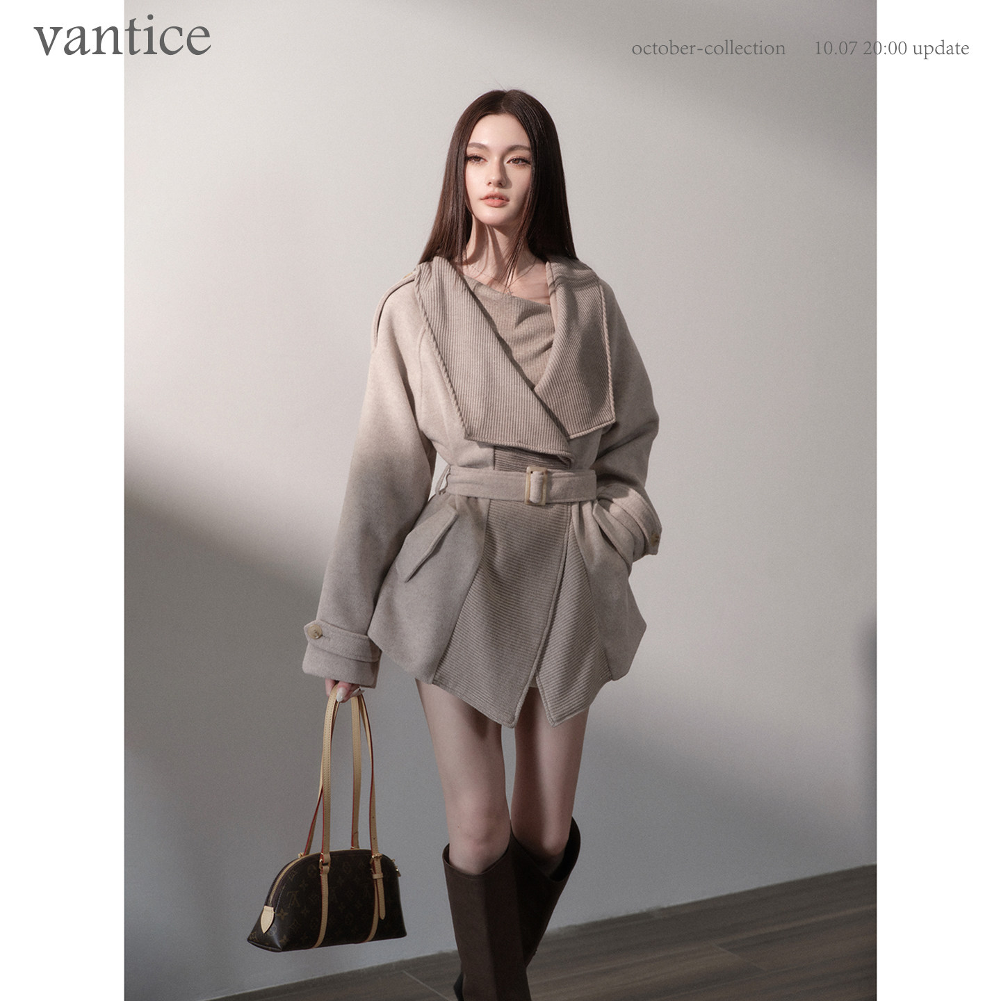 vantice 高级感气质毛呢外套拼接大翻领收腰显瘦设计感A字摆大衣