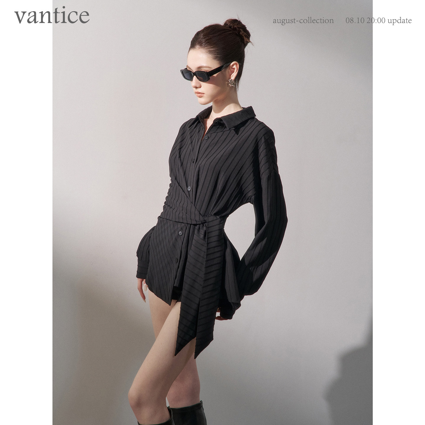 vantice 早秋气质高智感条纹长袖衬衫通勤OL绑带收腰显瘦衬衣上衣图片