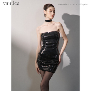 vantice 时髦性感超模闪闪亮片裙弹力修身抹胸连衣裙生日轻礼服裙