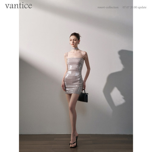 vantice 气质显白亮片轻奢绝美高级灰色小礼服生日派对战袍连衣裙