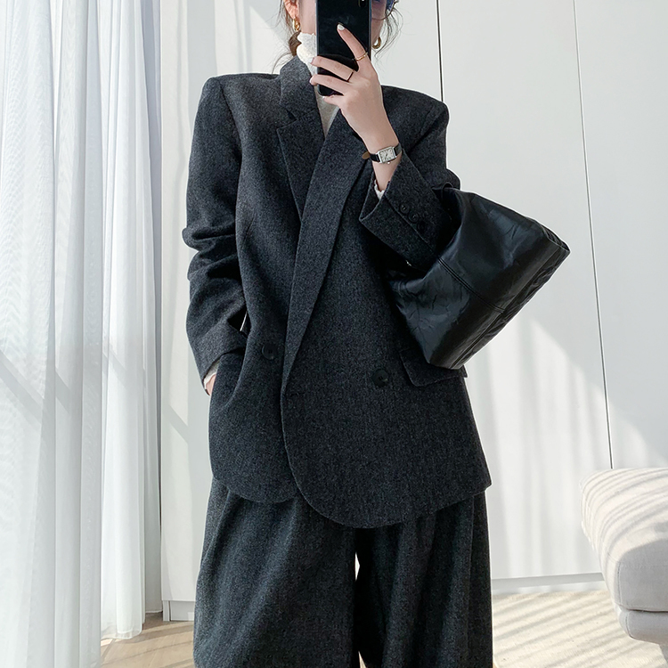得体风毛呢西装女深灰色宽松阔腿裤两件套老钱风职场外套
