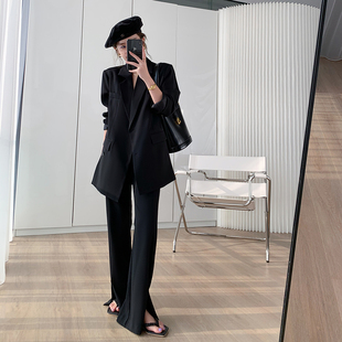 西装外套2026春季新款系带显瘦微喇开叉裤洋气oversize黑色套装