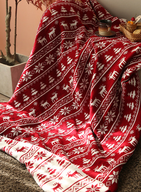 圣诞新年盖毯节日氛围感客厅沙发毯红色喜庆双面针织保暖搭毯盖毯