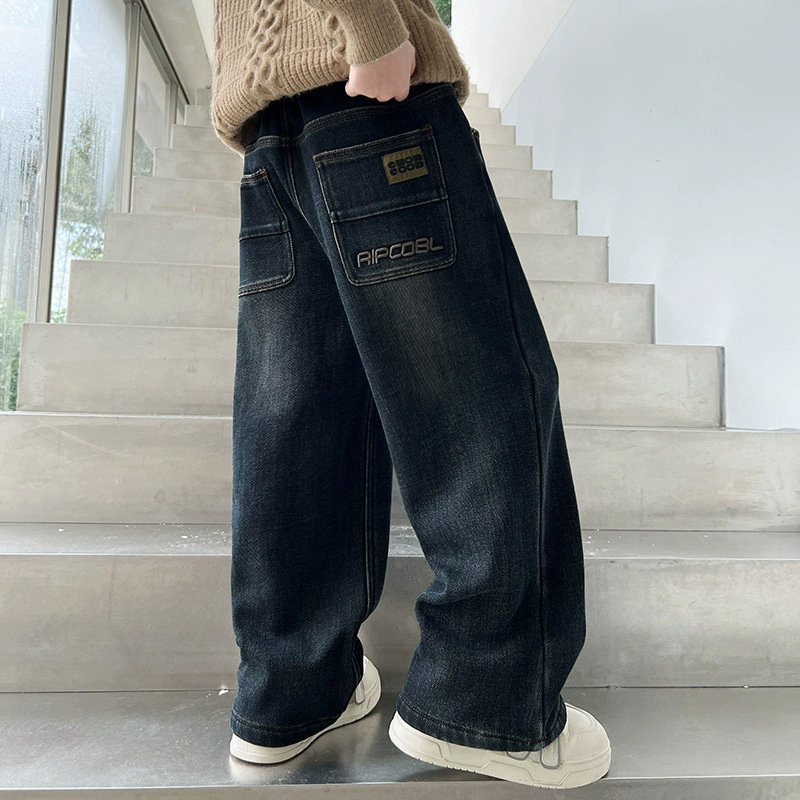 男童潮牌阔腿牛仔裤春秋2026新款洋气青少年儿童秋季宽松直筒长裤