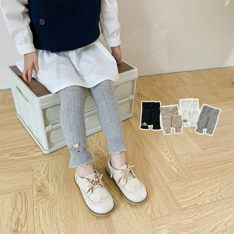 2022秋季新款 女童棉熊小童打底裤 春款弹力木耳边麻花九分裤