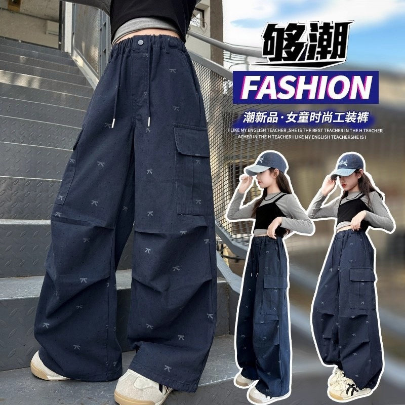 女童工装裤春秋2026新款大童韩版直筒长裤儿童秋装时髦印花阔腿裤