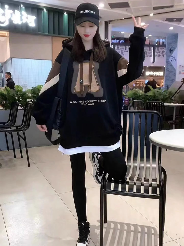 卫衣女新款2025爆款时尚洋气秋冬加绒加厚连帽假两件中长款外套女