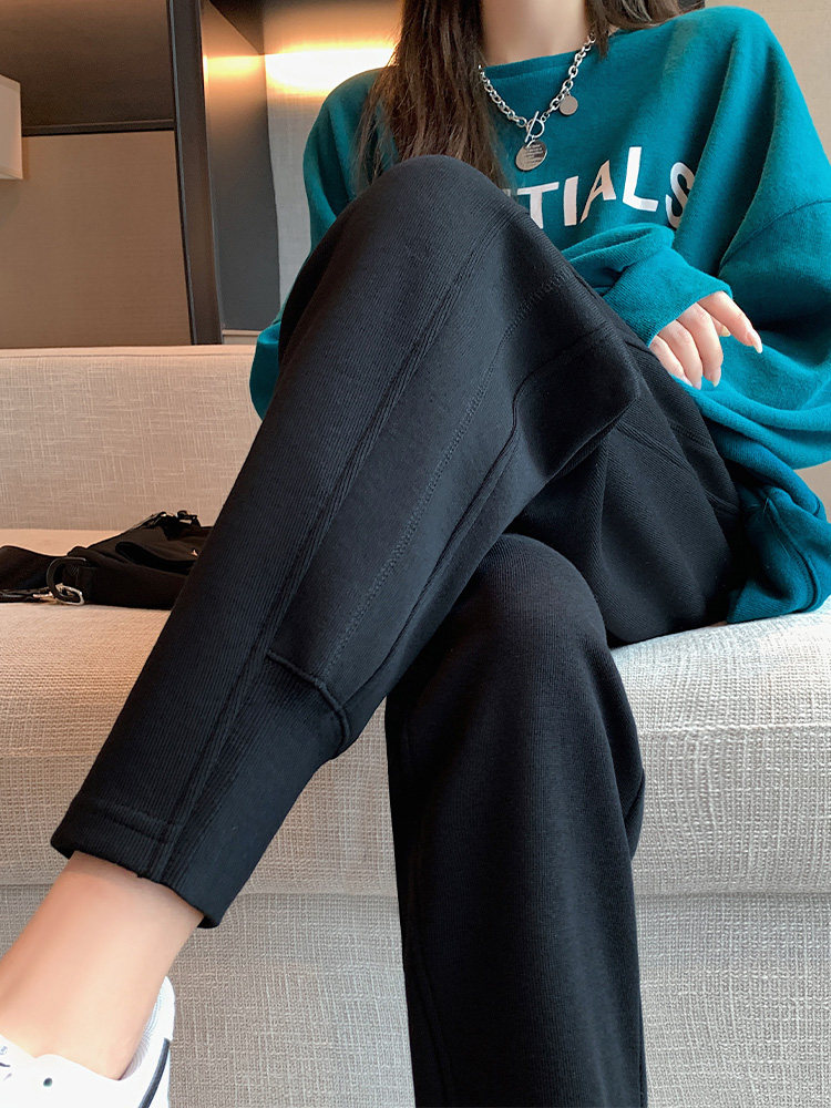 黑色运动裤女秋冬宽松束脚高腰显瘦直筒卫裤小个子休闲加绒哈伦裤