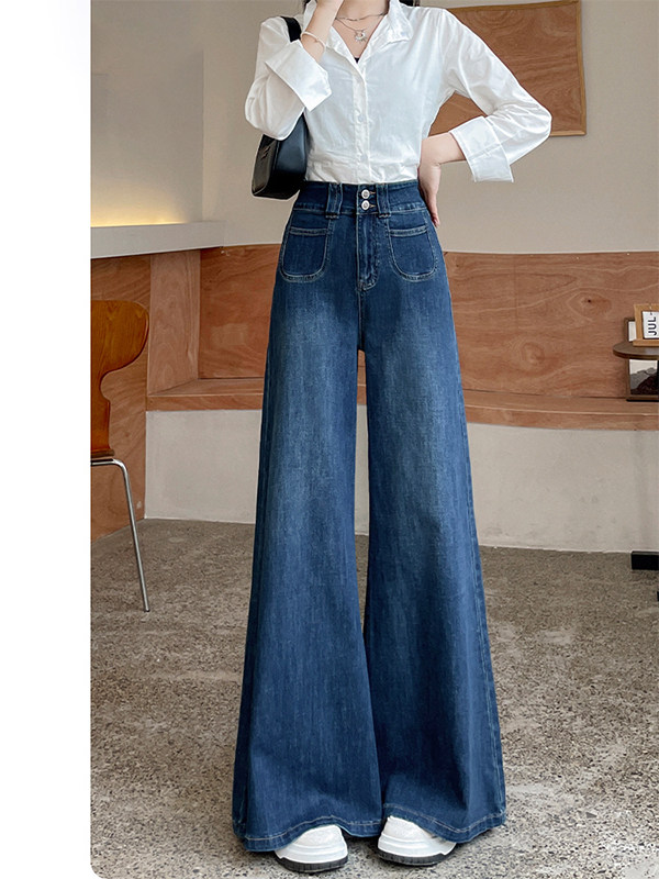 直筒牛仔裤女2025新款秋季小个子高腰宽松显瘦覆古蓝微喇阔腿裤子