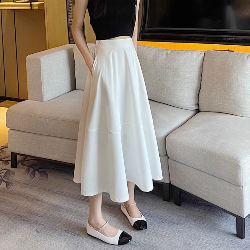 白色半身裙女2025新款夏季薄款a字裙高腰显瘦垂感雪纺中长版伞裙