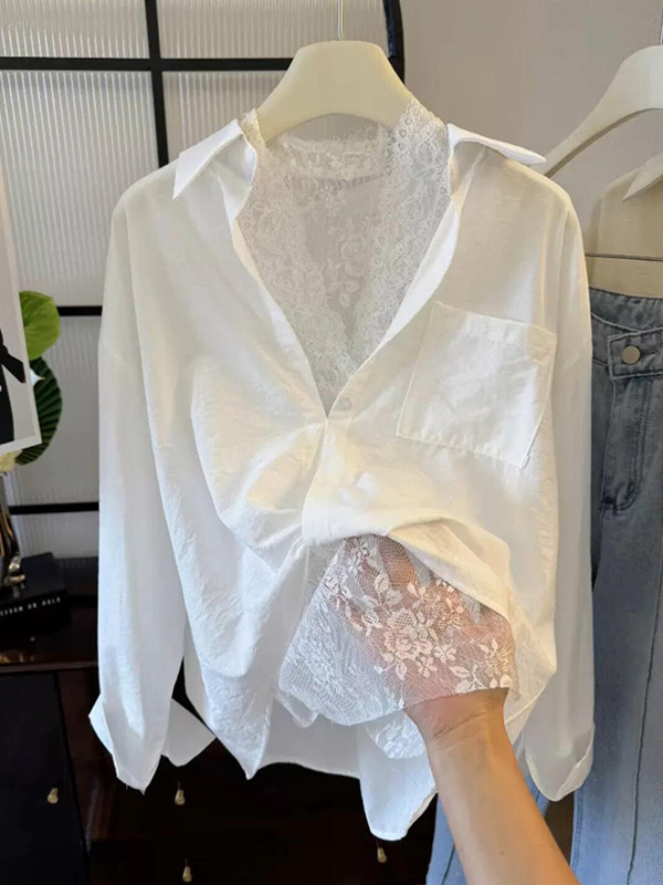 白色长袖衬衫女2025新款春秋高级感轻奢减龄洋气拼接蕾丝衬衣上衣