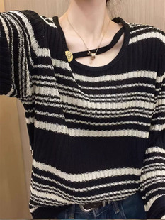 条纹打底衫女秋冬内搭可外穿2025新款圆领长袖短款毛衣针织衫上衣