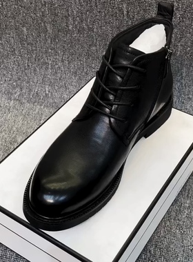 5555头层牛皮加绒休闲软皮板鞋新款高帮男士黑色鞋韩版休闲男皮鞋