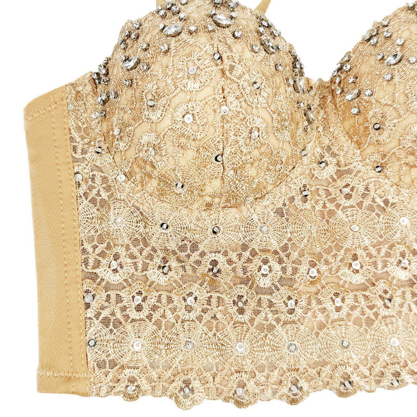 Spaghetti strap crop top with sequins and rhinestones鱼骨胸