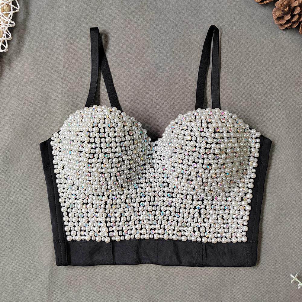 Fish bone sequin strapless top, short steel ring sling,