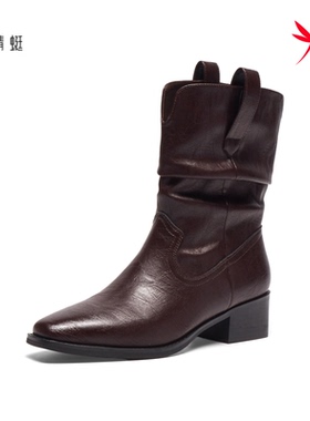 红蜻蜓2025冬季女士中筒堆堆靴子CD68638011B方头CD68638012B粗跟