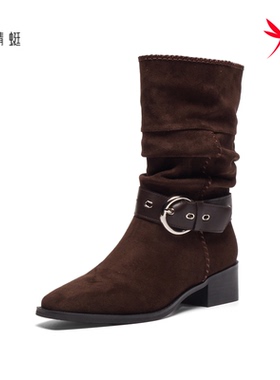 红蜻蜓2025冬季女士中筒堆堆靴子CD68638001B方头CD68638002B粗跟