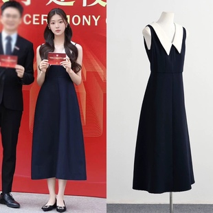 现货白鹿冯琳同款法式赫本裙女夏轻奢高级感v领无袖收腰显瘦长裙