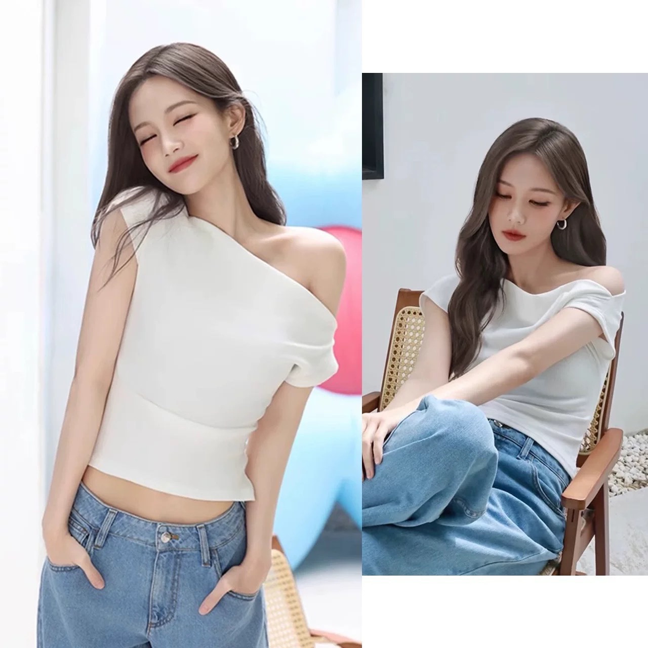 李一桐同款白色不规则斜肩短袖t恤女夏辣妹修身显瘦短款露肩上衣