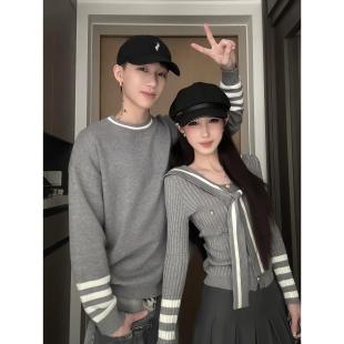 套头男毛衣 显瘦针织衫 实拍情侣装 早秋海军领修身