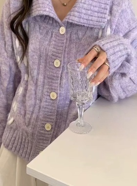 2025韩系新款慵懒风复古可爱小翻领短款秋冬毛衣外穿开衫外套上衣