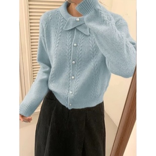 外套设计感上衣潮 韩系珍珠扣蝴蝶结毛衣女春秋软糯慵懒针织开衫
