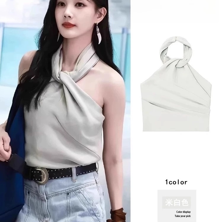 李一桐同款法式扭结挂脖吊带背心女夏季甜辣妹设计感露背短款上衣