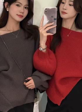 赵露思同款 一字领斜肩毛衣宽松慵懒针织衫上衣女韩秋冬百搭上衣.