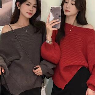 赵露思同款 上衣女韩秋冬百搭上衣. 一字领斜肩毛衣宽松慵懒针织衫