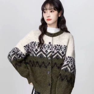 宽松慵懒风加厚针织开衫 北欧风费尔岛毛衣外套女2025秋冬新款 上衣