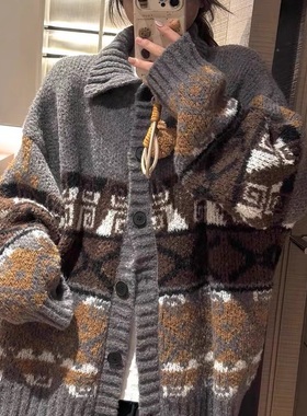 2025新款韩系费尔岛开衫外套女美式宽松慵懒风撞色高领针织毛衣潮