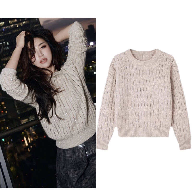 朱珠同款燕麦色圆领镂空针织衫女秋冬高级感珠光亮片套头毛衣上衣