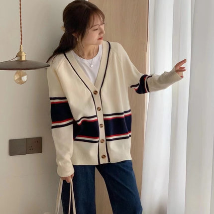撞色条纹v领中长款针织开衫女秋冬高级感宽松慵懒风软糯毛衣外套
