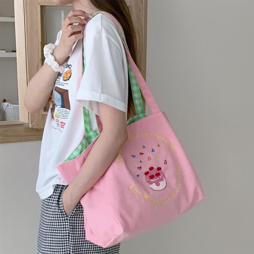 刺绣清新撞色两用单肩包 原创设计大容量托特包慵懒风格子单肩包