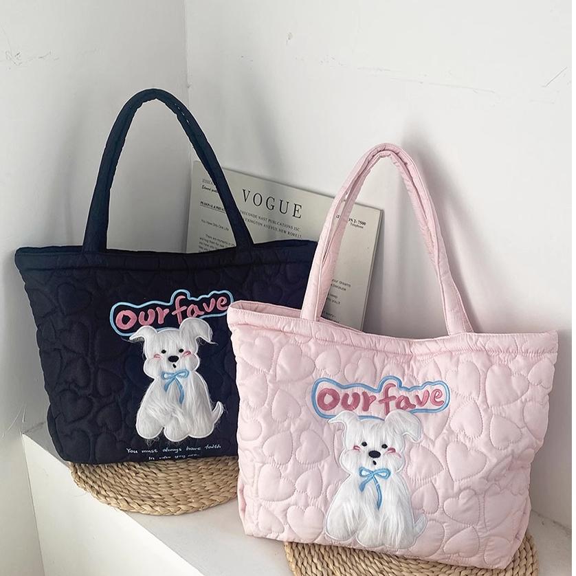 可爱毛绒小狗单肩包学生包爱心刺绣托特包秋冬软糯布袋超大容量包