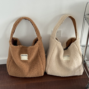 通勤托特包 百搭单肩包时尚 新年红色大容量毛绒包包女2024冬季 新款