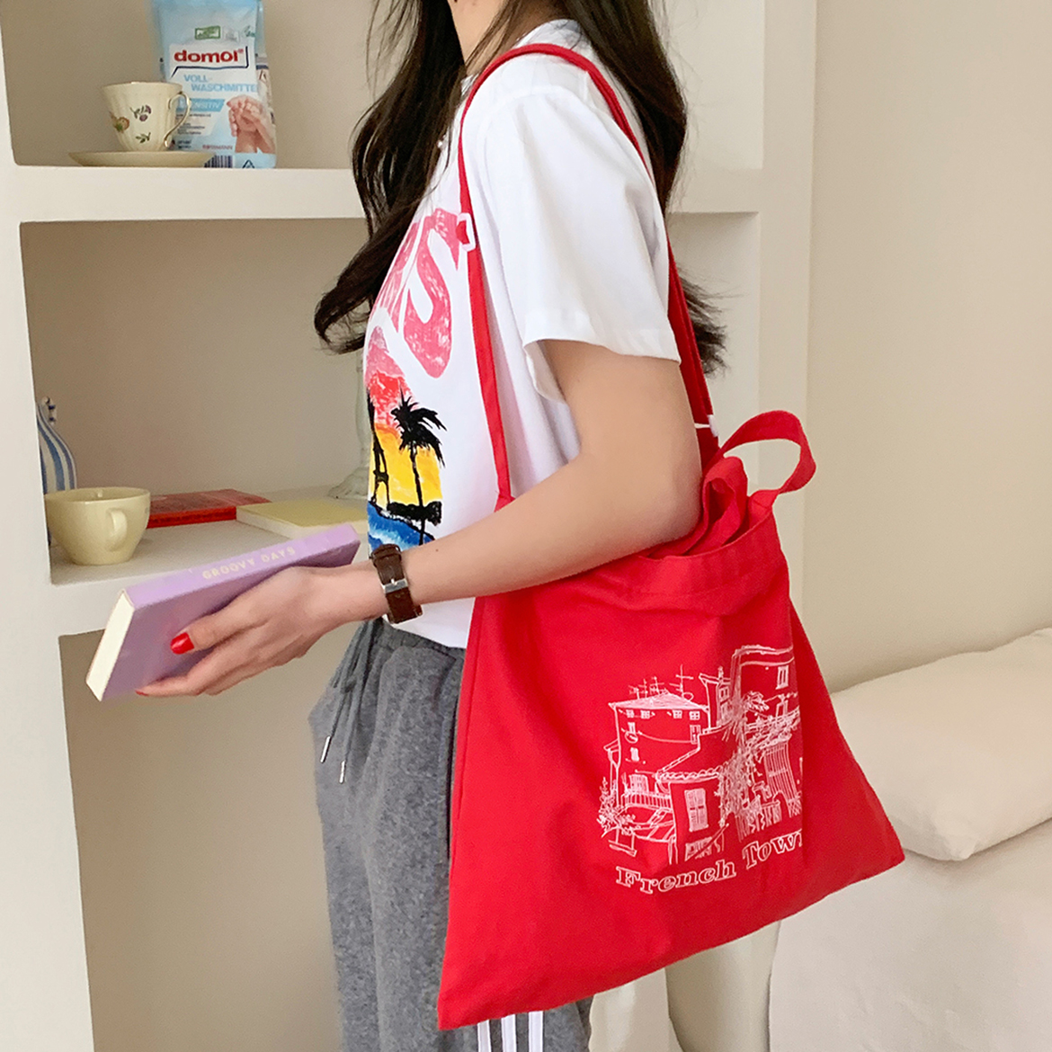 新版自制可调节单肩包女休闲斜挎包帆布包正红色布包手提包学生包