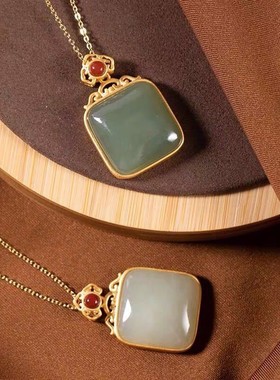 青玉白玉古风镶古法金吊坠复古