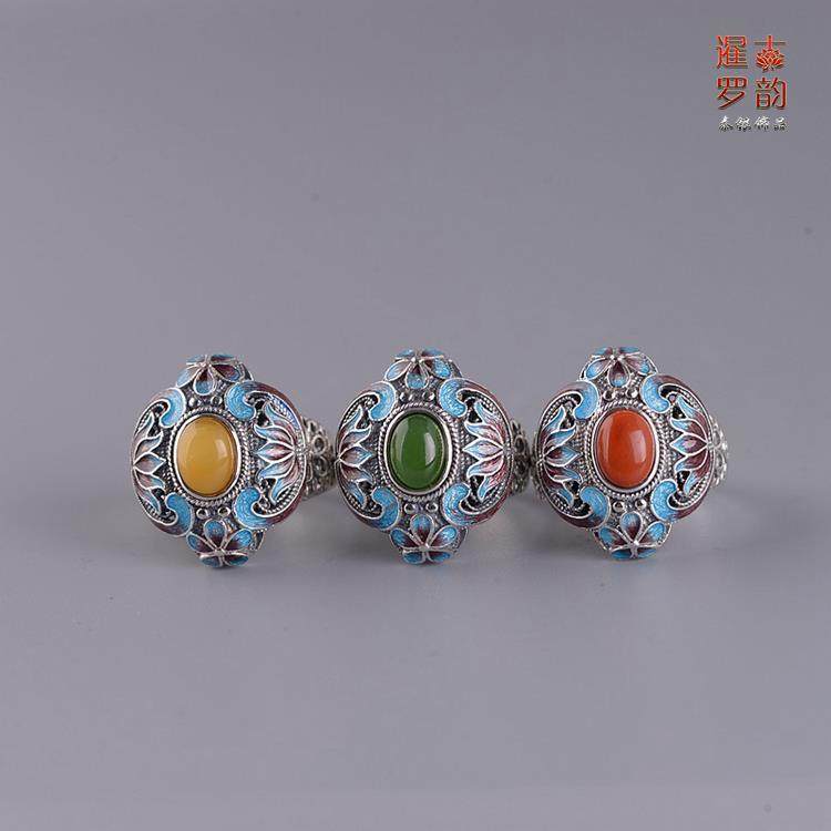 复古合金镀银活口戒指镶嵌黄玉红玉碧玉花丝烧蓝女款食指戒指环礼